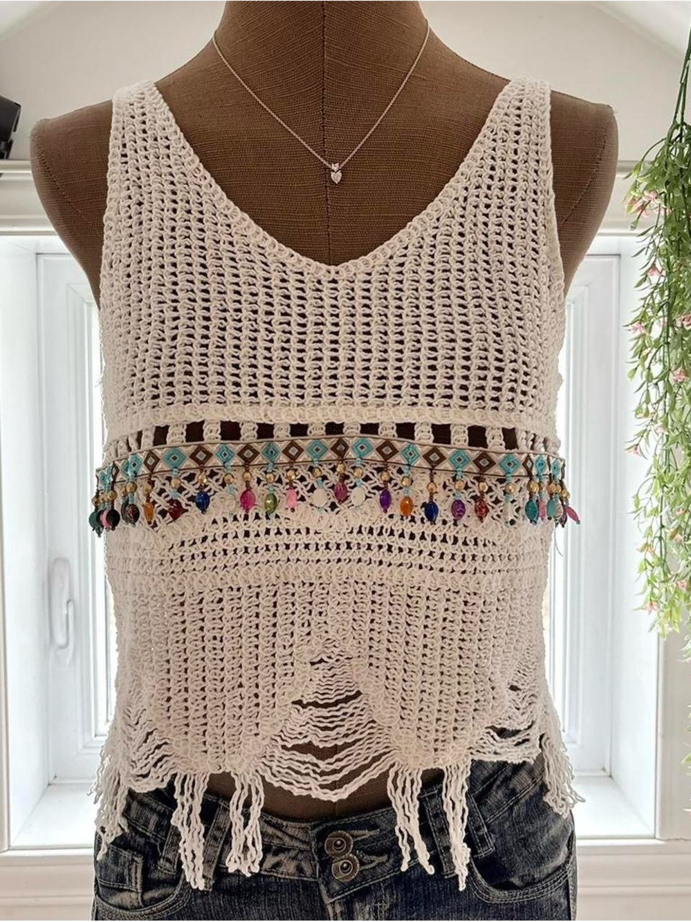 Boho Crochet Fringe Tank Top in White with Colorful Trim & Beading